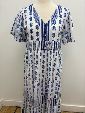 THML White and Blue Printed V-Neck Smocked-Waist Maxi Dress